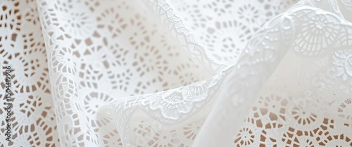 Delicate white lace fabric, intricate pattern, textured background, repeat, clean