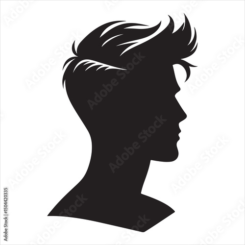 Black silhouette of a modern men's hairstyle with sharp edges, clean lines on a pure white background 