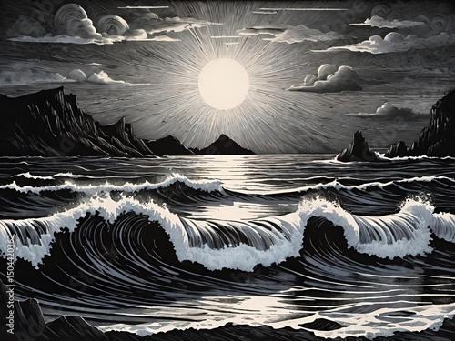 Monochrome illustration of a dramatic seascape with crashing waves under a glowing full moon, surrounded by clouds and rugged cliffs.