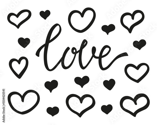 The word Love in handwritten lettering vector outline. Black hand drawn hearts isolated on white background.