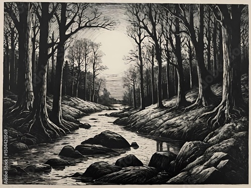 Black and white forest illustration with a stream flowing through rocks and trees, creating a calm and peaceful natural scene.