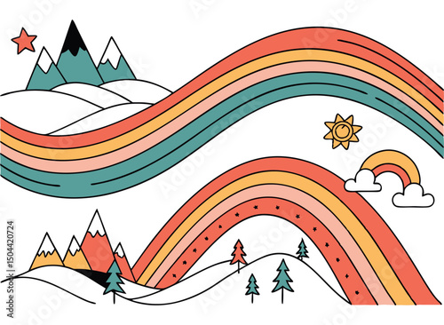 Winter mountain landscape illustration with a rainbow and snow