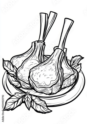 Cotolette di agnello disegnate a mano, illustrazione in bianco e nero