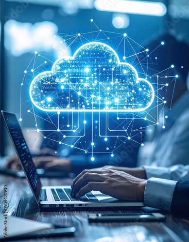 A person uses a laptop with a digital cloud icon above, symbolizing cloud computing and data connectivity in a modern office.
