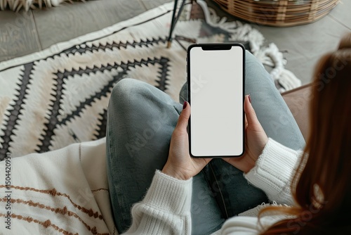 Mock Up White Screen Blank Mobile Phone in Woman Hands Holding Back View