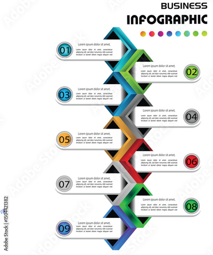 Modern 9-step vertical infographic with colorful 3D arrows, ideal for presenting workflow, process, strategy, or business development in a clean and creative layout.