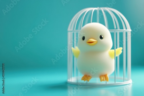 A charming yellow chick stands inside a white birdcage against a teal backdrop. This image captures innocence and playfulness, perfect for diverse projects.