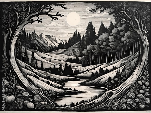 Black and white illustration of a tranquil valley with a flowing river, framed by trees, mountains, and a full moon, creating a serene and mystical ambiance.
