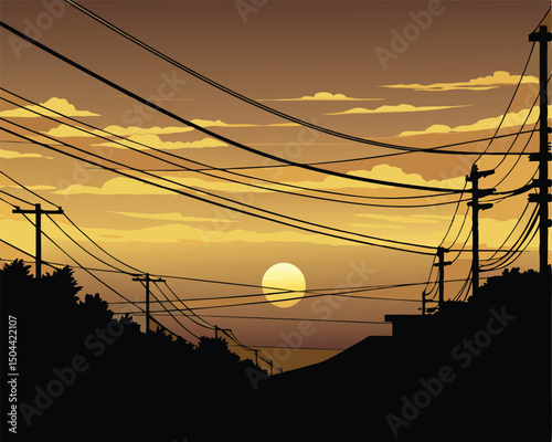 power lines at sunset vector