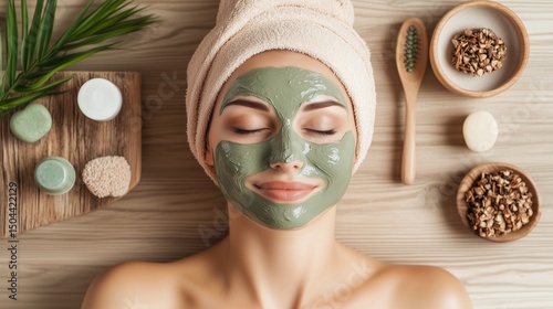 A beautiful woman is laying on a wooden table with a green face mask on her face. 7