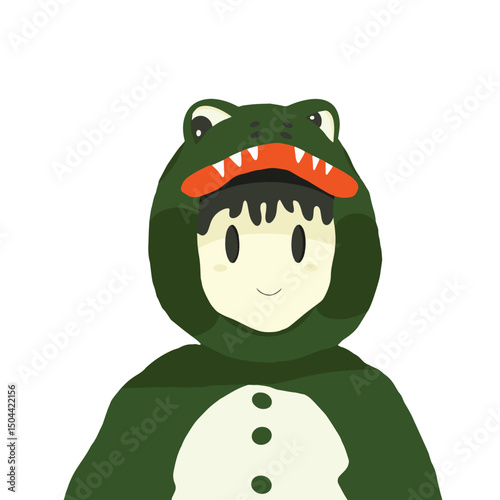 Adorable Reptile-Themed Costume: This delightful cartoon character wears a charming, playful reptile-themed outfit, perfect for fun and imagination. 