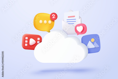 3d media cloud for management multimedia file document. Image and video document folder on digital file, app with data transfer notification icon. 3d cloud storage icon vector render illustration
