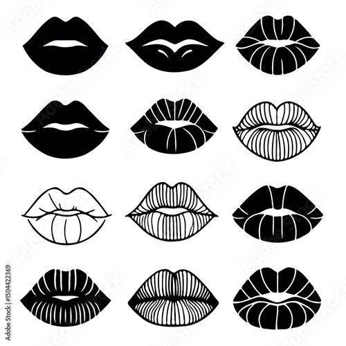 Adobe Illustrator Artwork Collection of hand-drawn lips illustrations. Set of female lips, stylish lip black and white designs, lip outlines in various shapes and styles. 