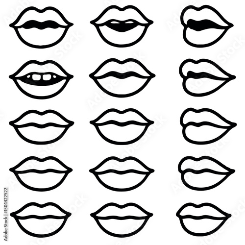 Adobe Illustrator Artwork Collection of hand-drawn lips illustrations. Set of female lips, stylish lip black and white designs, lip outlines in various shapes and styles. 