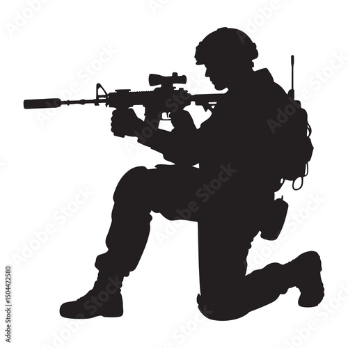 Silhouette of an armed soldier aiming with a rifle in black vector style