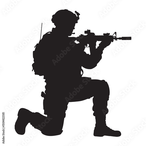 Silhouette of an armed soldier aiming with a rifle in black vector style