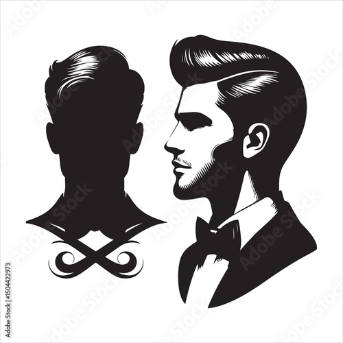 Black silhouette of a modern men's hairstyle with sharp edges, clean lines on a pure white background 