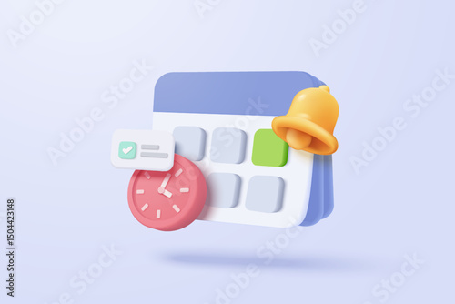 3d calendar marked date and time for reminder day in purple background. Calendar with clock for schedule appointment, event day, holiday planning. 3d alarm clock icon vector render illustration