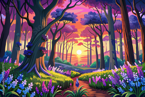Amazing woodland bluebell forest in spring vector. Purple and pink flowers under tree canopys with sunrise at dawn landscape