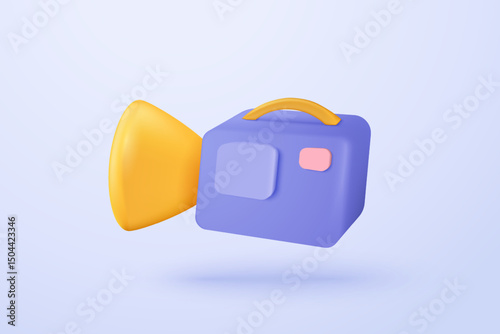 3d video camera icon isolated  with lens and button on pastel background. Realistic film movie icon, play button for streaming multimedia concept. 3d cinema record icon vector render illustration