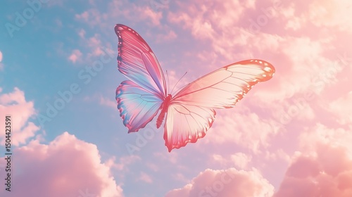 A colorful butterfly with iridescent wings, flying gracefully against the pastel clouds and sky. 5