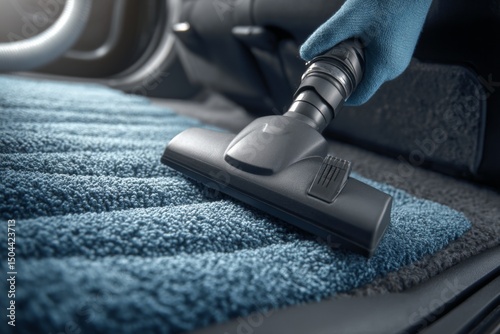 Close-up of gloved hand using vacuum cleaner to clean blue automotive floor mat, automotive detailing and car care.