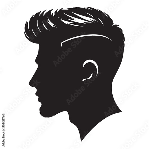 Black silhouette of a modern men's hairstyle with sharp edges, clean lines on a pure white background 
