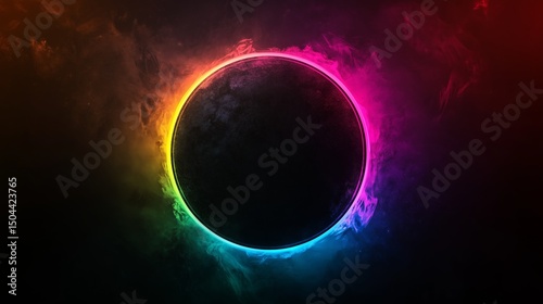 A circle with rainbow light around it, on a simple black background. 1