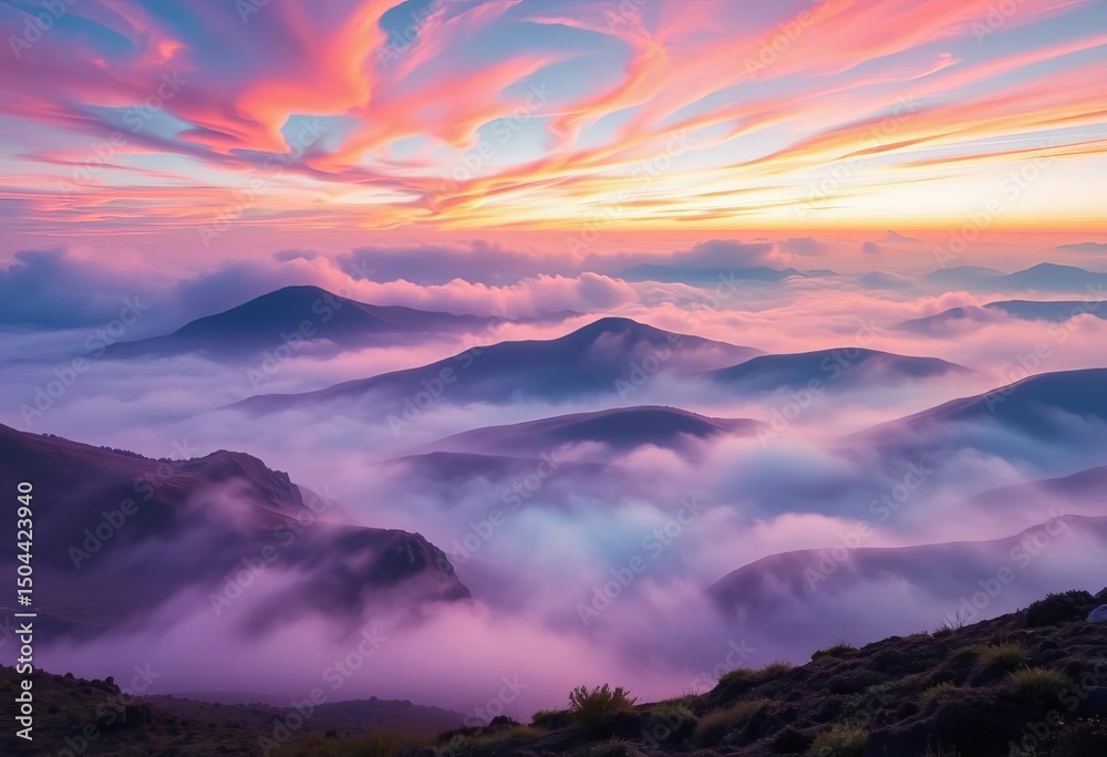 Obraz premium Ethereal landscape, swirling mists, vibrant hues, vast empty space, quiet, clouds