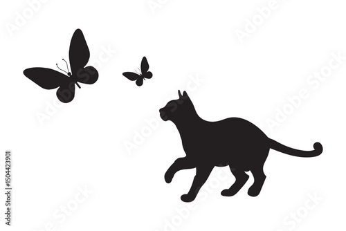 Black cat silhouette. Elegant cat sitting side view with turn around head. Vector Set of Black Cat Silhouettes in Various Poses – Sitting, Playing, Jumping, Walking eps 10