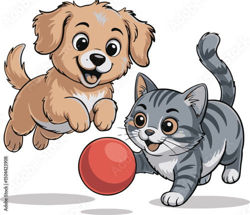 Cute dog and cat vector characters playing with ball, cartoon design, white background (1)