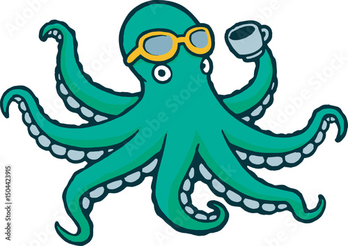Octopus with glasses and mug