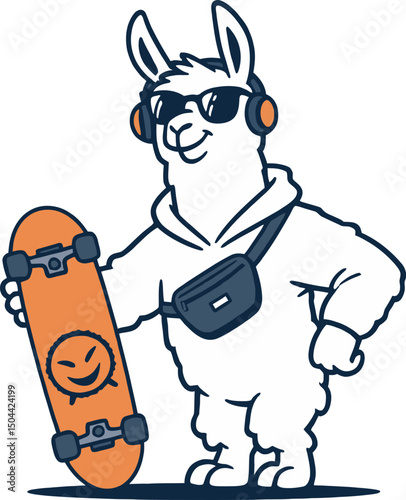 mascot of cute alpaca with skateboard.