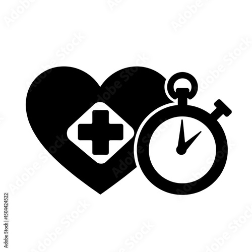 Stopwatch & medical heart icon – black timely healthcare-response symbol