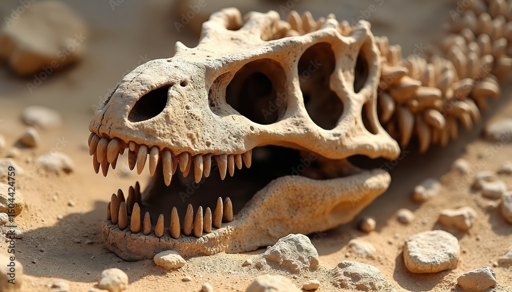 Fossilized dinosaur skull with sharp teeth. Ancient prehistoric skeleton, partially embedded in sandy terrain, head tilted up. Remains of extinct carnivore dinosaur fossilized in stone. Paleontology Fossilized dinosaur skull with sharp teeth. Ancient prehistoric skeleton, partially embedded in sandy terrain, head tilted up. Remains of extinct carnivore dinosaur fossilized in stone. Paleontology