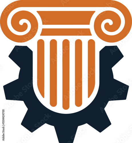 Law and Industry Icon. Gear and Pillar Symbol for Governance, Policy and Regulation Concepts.