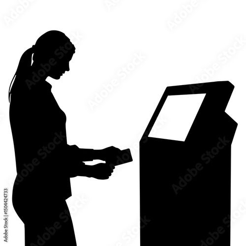 Person using kiosk for card transaction silhouette – black digital-payment icon