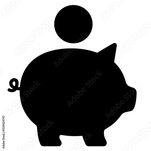 Piggy-bank and coin silhouette – black savings-finance icon on white