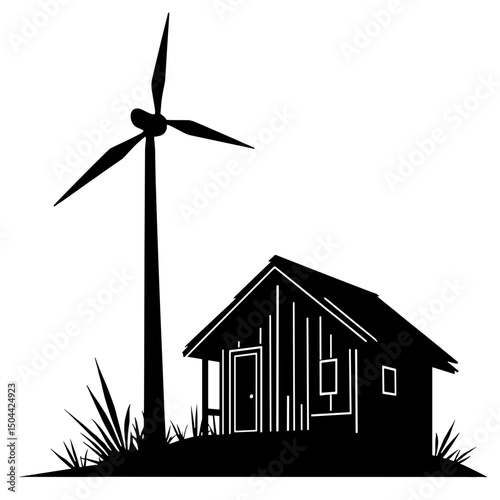 Bamboo cabin with wind turbine, black silhouette – eco-shelter design