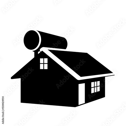 Solar water-heater on house roof, black silhouette – renewable-energy icon