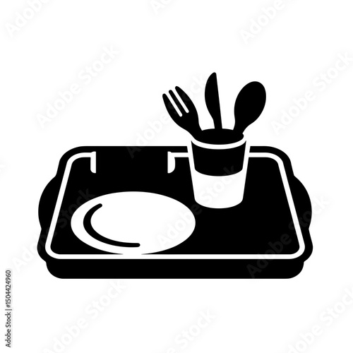 Breakfast tray with utensils, black silhouette – eco-friendly dining icon