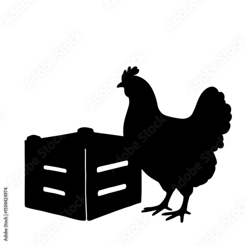 Chicken with crate silhouette – black rustic-farming symbol