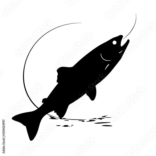 Fish leaping with fishing rod – black wild-food silhouette graphic