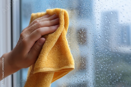 Person wiping condensation from glass window with yellow terrycloth cleaning towel showing droplets & blurry background.
