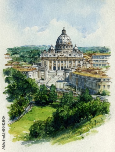 Vatican Landscape Watercolor Sketch Showcasing St Peters Basilica With a Faded Upper Section