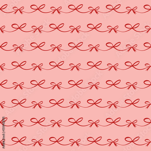 Seamless pattern with red ribbon bow and wavy line garland. Elegant and festive linear design. Perfect for wrapping, wallpaper, fabric, stationery, gift decor, and seasonal surface design.
