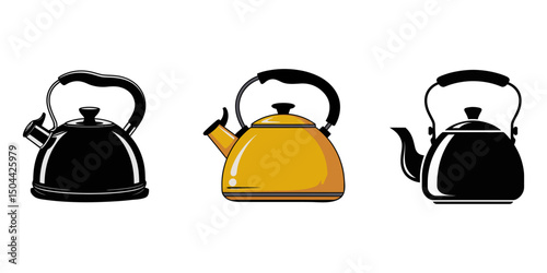 kettle vector silhouette line art set, KETTTLE icons set vector stock illustration, A flat vector illustration of a electric kettle or teapot isolated on white background, Tea & coffee cup icon bundle