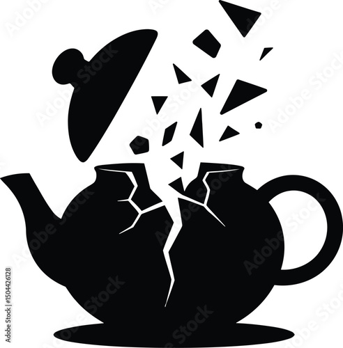 Broken Teapot Silhouette Icon. Cracked Pot with Flying Shards Vector Illustration.