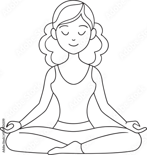 Woman in lotus position meditating line art vector graphic vector illustration