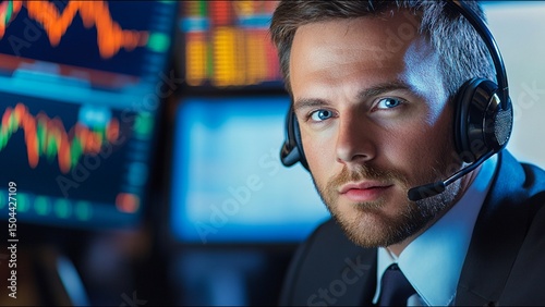 Serious Stock Trader Looks At Camera While On Trading Floor